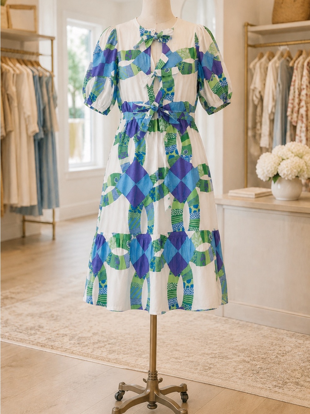 Beau & Ro KIT Tie-Front Puff Sleeve Midi Dress in Blue & Green NWT
